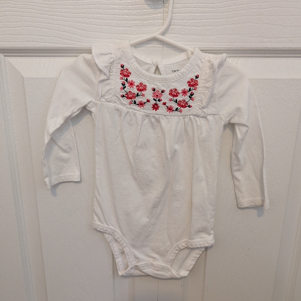 Carter's White Long sleeve Onesie with Red Floral Embroidery